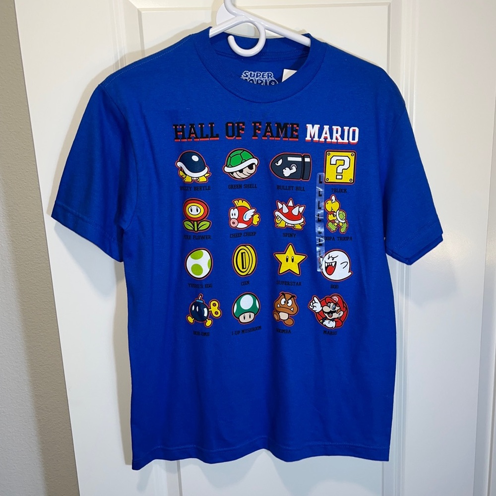 New Super Mario bros boys T-shirt size large Hall of Fame Mario royal blue
